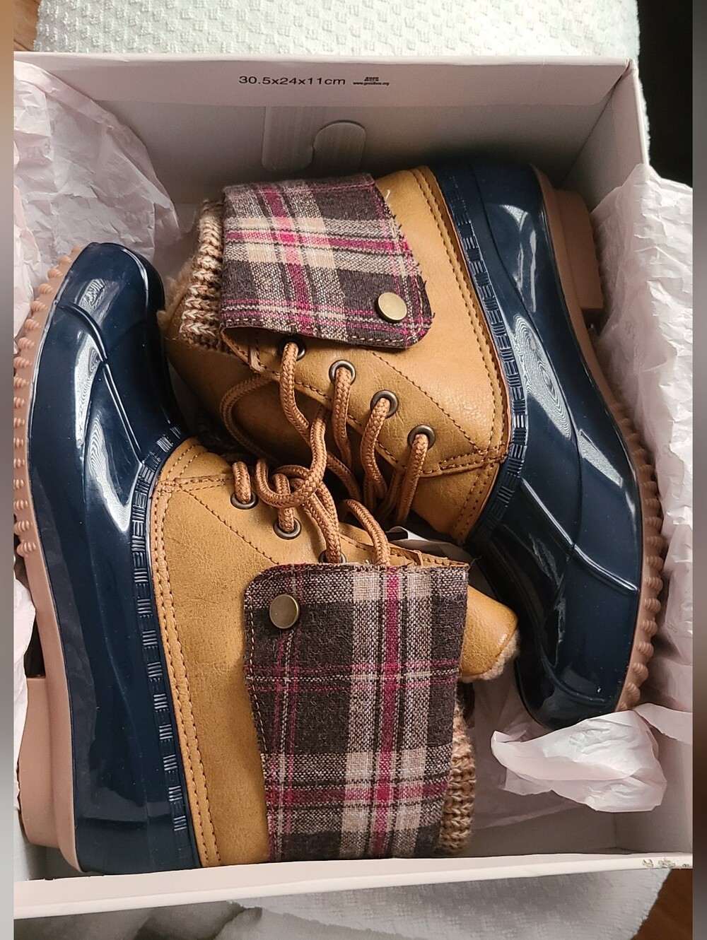 Duck Boots in Tan and Navy Plaid Fold Down Or Up Womans